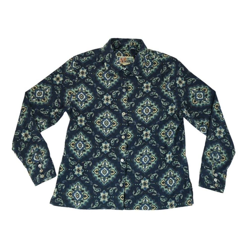 La Cabana Women's Shirt Button Down Polyester Paisley‎ Print Navy Long Sleeve L